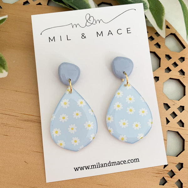Baby Blue Daisy Yupo Dangle Earrings