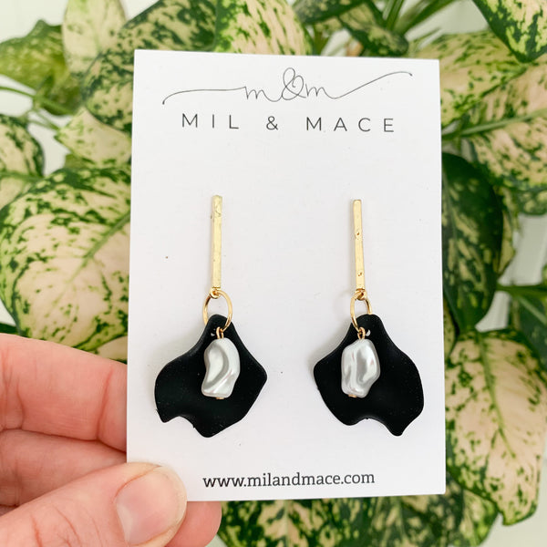 Single Petal and Pearl Dangle Earrings