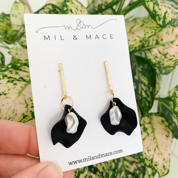 Single Petal and Pearl Dangle Earrings