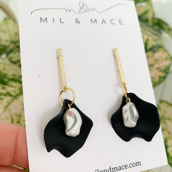 Single Petal and Pearl Dangle Earrings