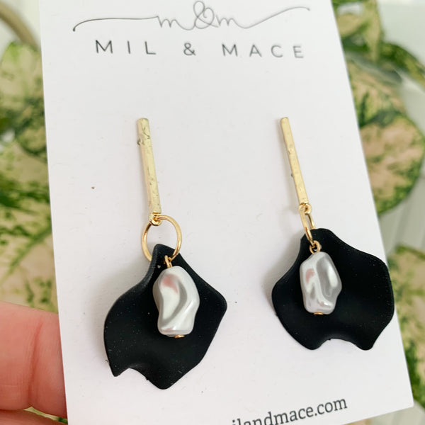Single Petal and Pearl Dangle Earrings