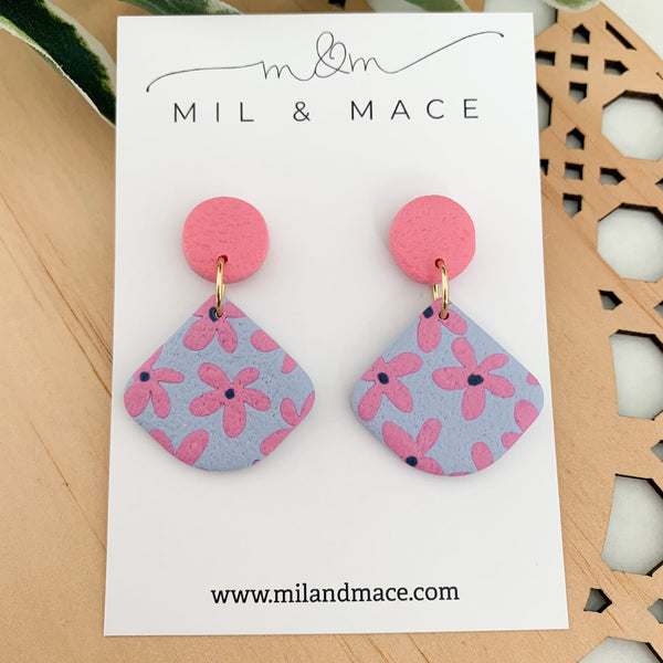 Pink Daisy Polymer Clay Dangle Earrings
