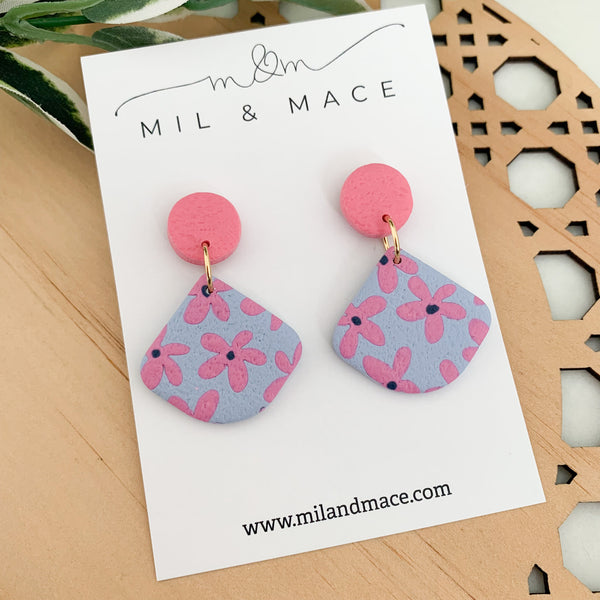 Pink Daisy Polymer Clay Dangle Earrings