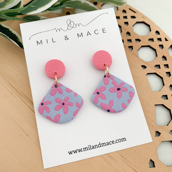 Pink Daisy Polymer Clay Dangle Earrings