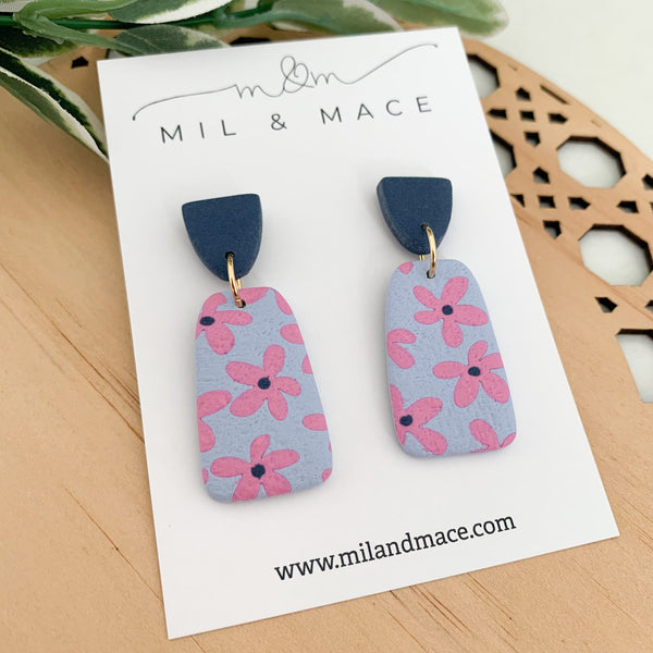 Pink Daisy Polymer Clay Dangle Earrings