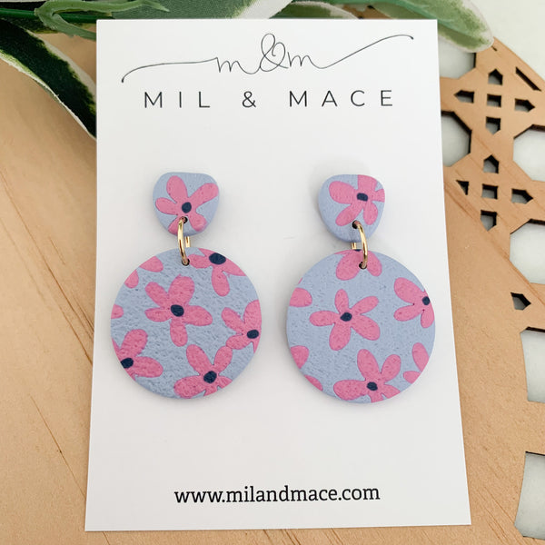 Pink Daisy Polymer Clay Dangle Earrings