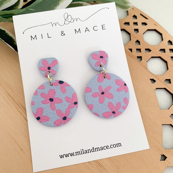 Pink Daisy Polymer Clay Dangle Earrings