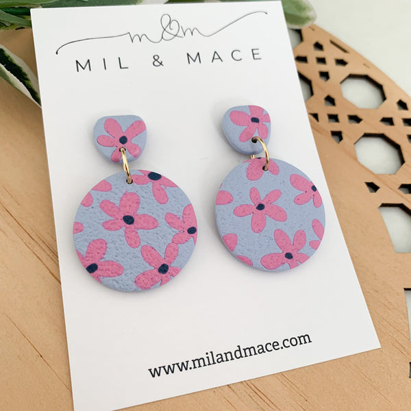 Pink Daisy Polymer Clay Dangle Earrings