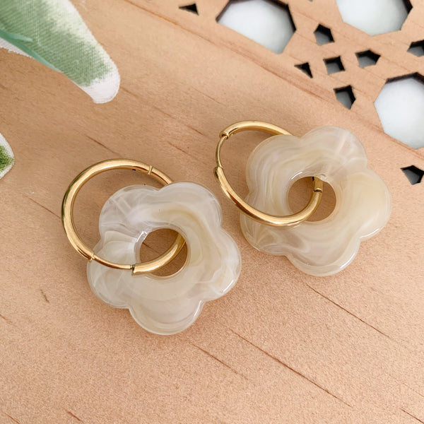 Flower Beige Huggie Dangle Earrings