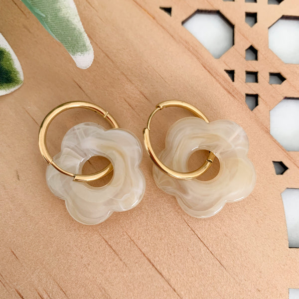 Flower Beige Huggie Dangle Earrings