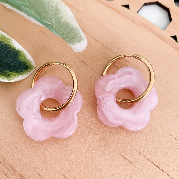 Flower Blush Pink Huggie Dangle Earrings