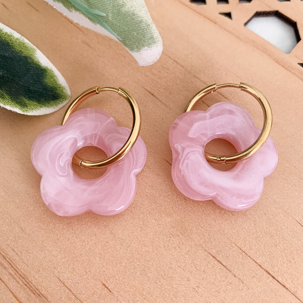 Flower Blush Pink Huggie Dangle Earrings