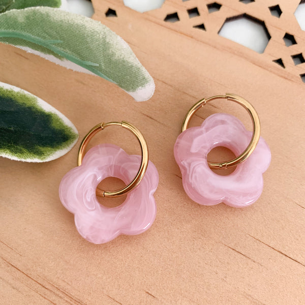 Flower Blush Pink Huggie Dangle Earrings