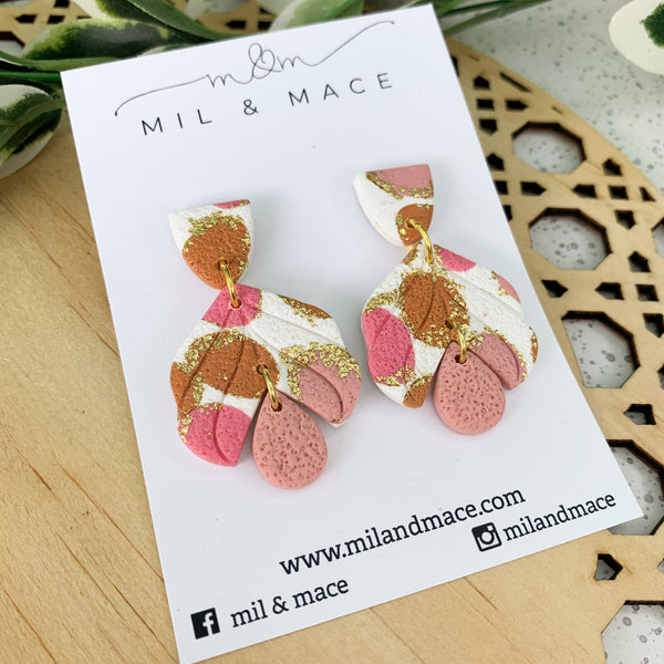 Pink and Burnt Orange Splash Polymer Clay Dangle Earrings