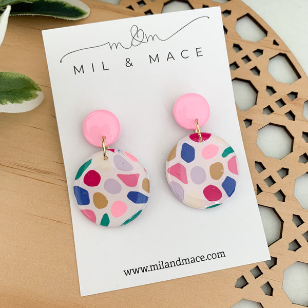 Kaleidoscope Polymer Clay Dangle Earrings with Resin Finish