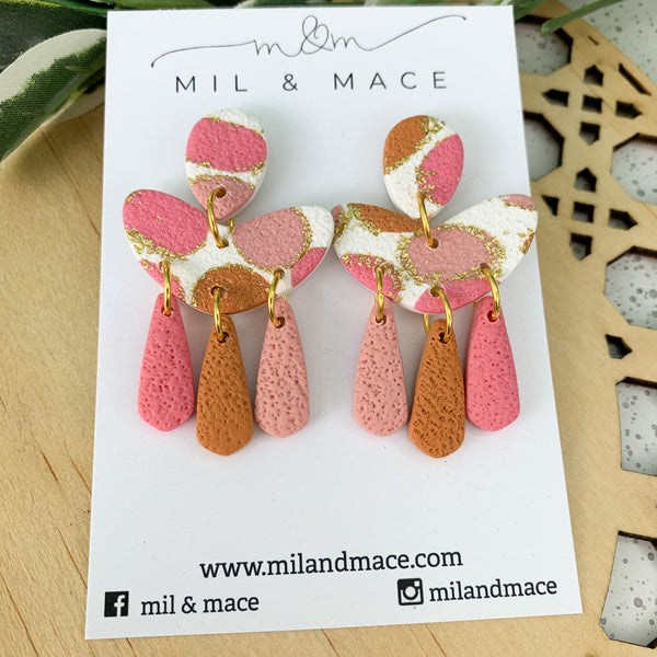 Pink and Burnt Orange Splash Polymer Clay Dangle Earrings