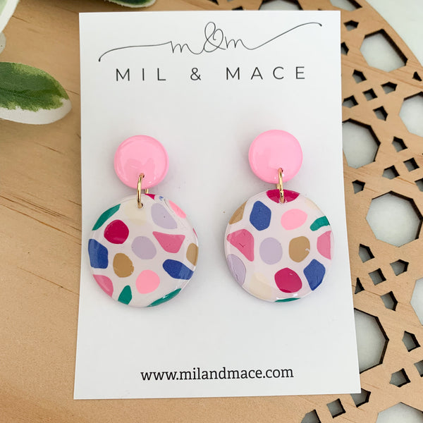 Kaleidoscope Polymer Clay Dangle Earrings with Resin Finish