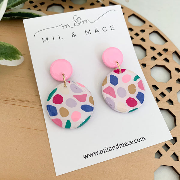 Kaleidoscope Polymer Clay Dangle Earrings with Resin Finish