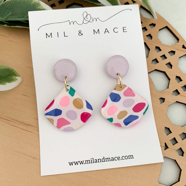 Kaleidoscope Polymer Clay Dangle Earrings with Resin Finish