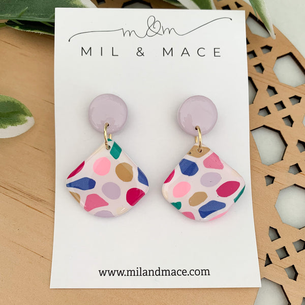Kaleidoscope Polymer Clay Dangle Earrings with Resin Finish