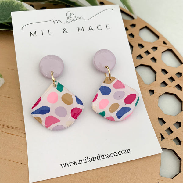 Kaleidoscope Polymer Clay Dangle Earrings with Resin Finish