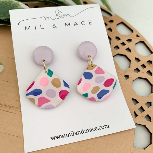 Kaleidoscope Polymer Clay Dangle Earrings with Resin Finish