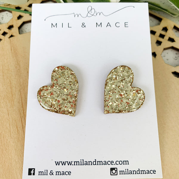 Gold Glitter Heart 30mm  Resin Studs