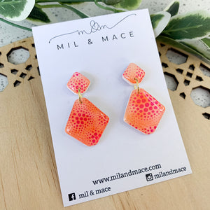 Pink and Orange Splash Polymer Clay and Resin Dangle Earrings