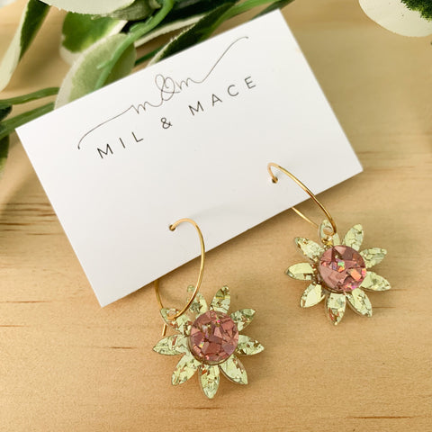 Gold Glitter Flower Hoops Acrylic Dangle Earrings