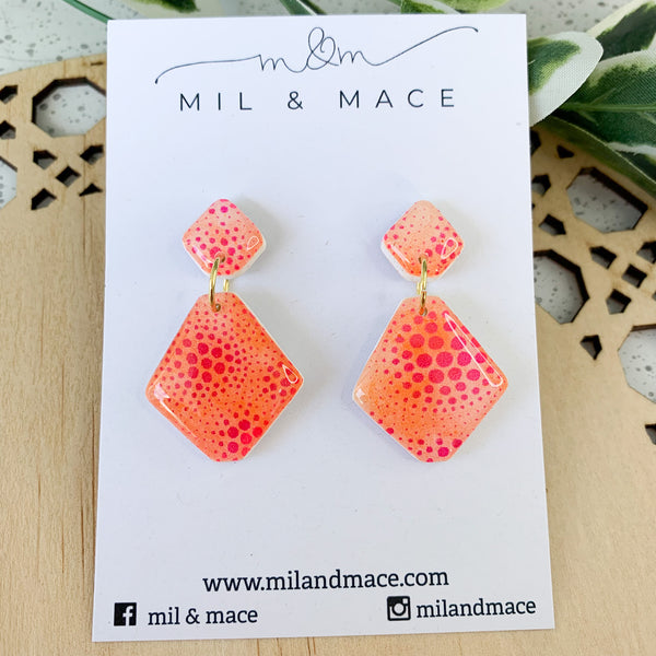 Pink and Orange Splash Polymer Clay and Resin Dangle Earrings