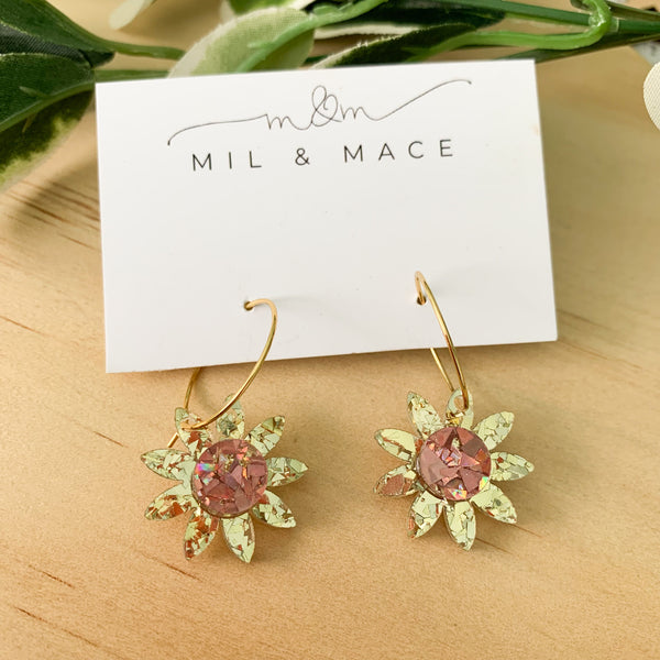 Gold Glitter Flower Hoops Acrylic Dangle Earrings