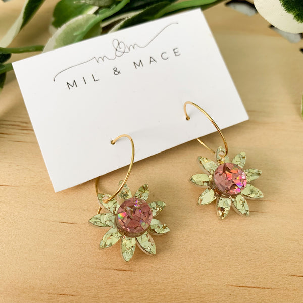 Gold Glitter Flower Hoops Acrylic Dangle Earrings