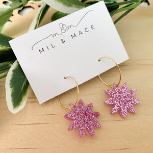 Pink Glitter Flower Hoops Acrylic Dangle Earrings