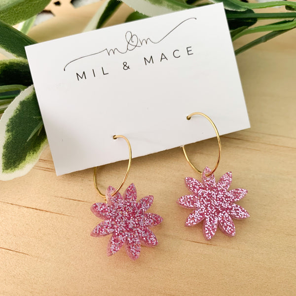 Pink Glitter Flower Hoops Acrylic Dangle Earrings