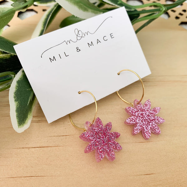 Pink Glitter Flower Hoops Acrylic Dangle Earrings