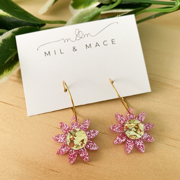 Pink Glitter Flower Hoops Acrylic Dangle Earrings