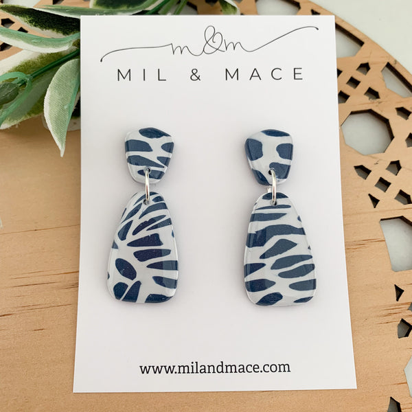 Navy and White Polymer Clay Dangle Earrings with Resin Finish