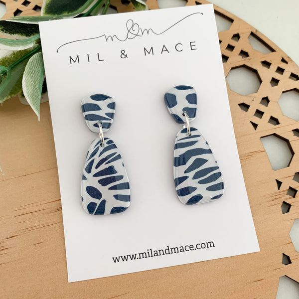 Navy and White Polymer Clay Dangle Earrings with Resin Finish