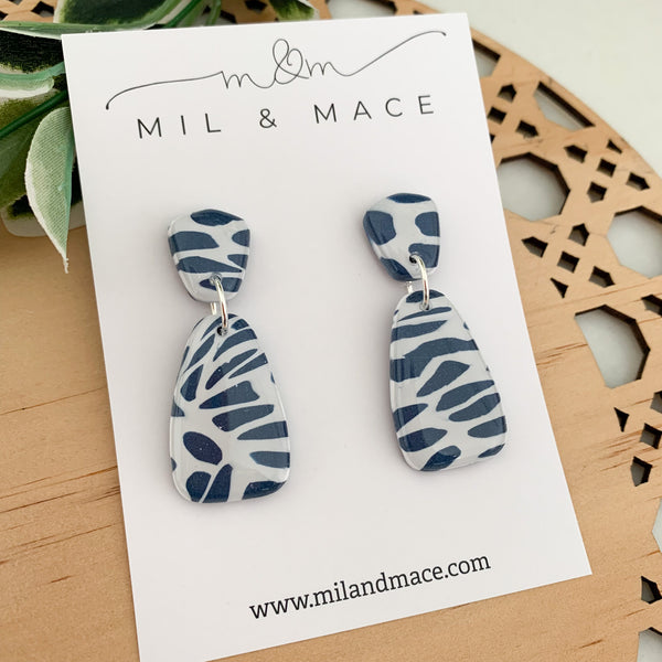 Navy and White Polymer Clay Dangle Earrings with Resin Finish