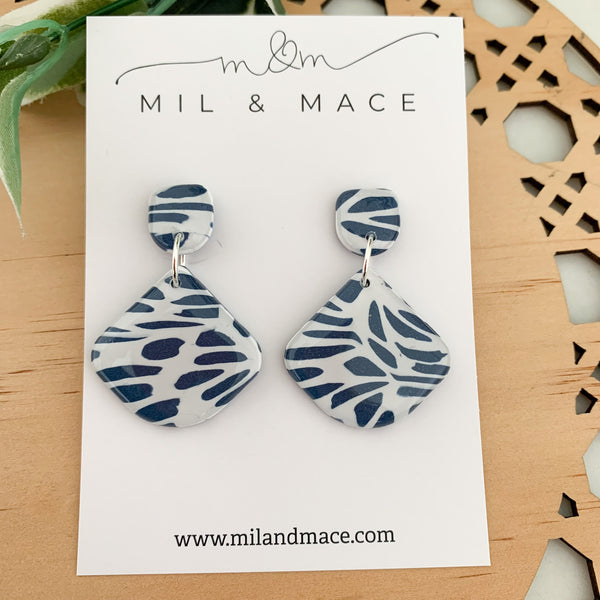 Navy and White Polymer Clay Dangle Earrings with Resin Finish