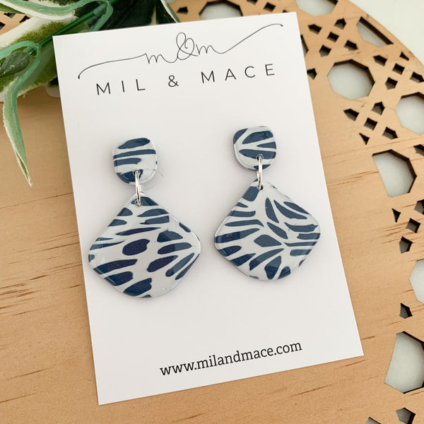 Navy and White Polymer Clay Dangle Earrings with Resin Finish