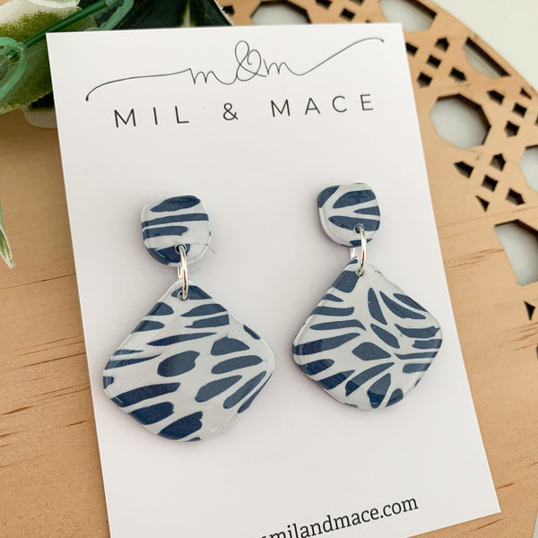 Navy and White Polymer Clay Dangle Earrings with Resin Finish