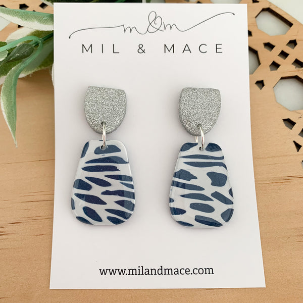 Navy and White Polymer Clay Dangle Earrings with Resin Finish