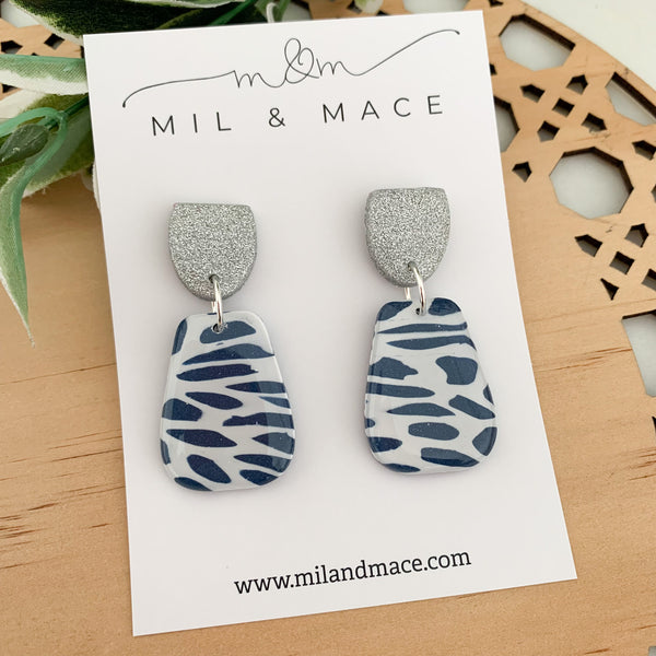 Navy and White Polymer Clay Dangle Earrings with Resin Finish