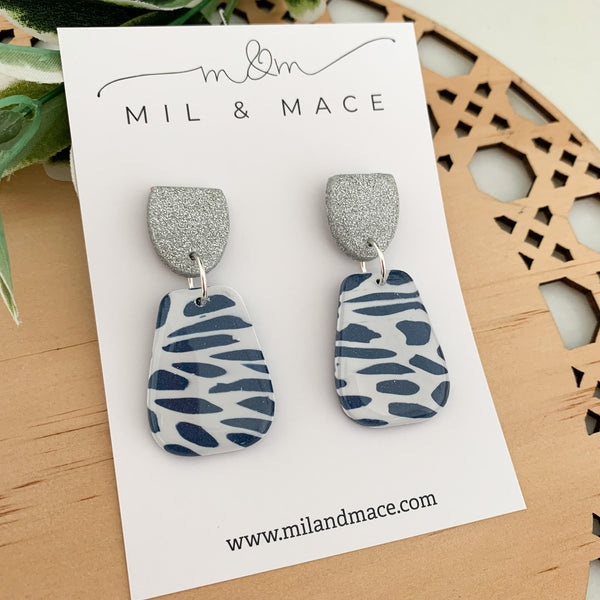 Navy and White Polymer Clay Dangle Earrings with Resin Finish