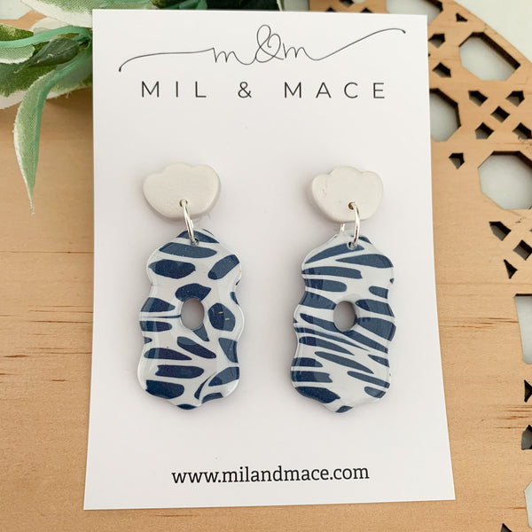 Navy and White Polymer Clay Dangle Earrings with Resin Finish
