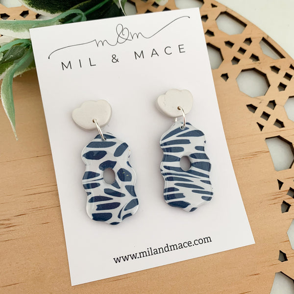 Navy and White Polymer Clay Dangle Earrings with Resin Finish