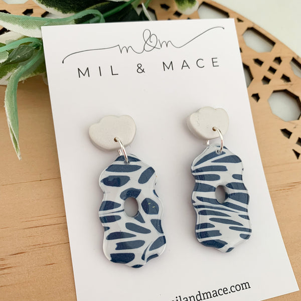 Navy and White Polymer Clay Dangle Earrings with Resin Finish