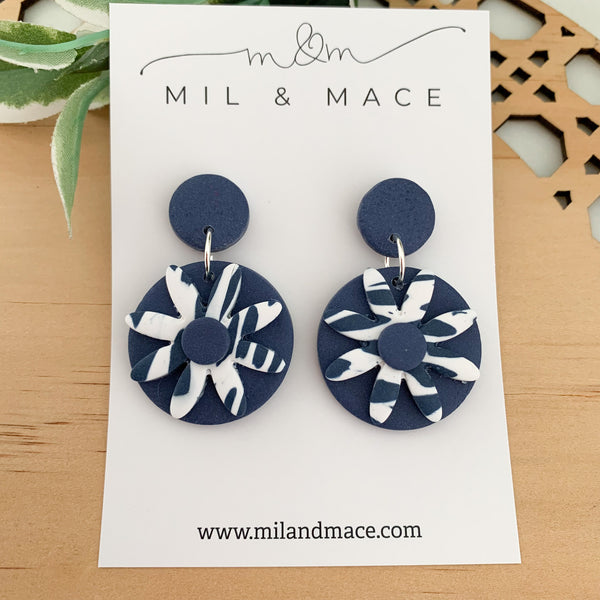 Navy and White Polymer Clay Dangle Earrings