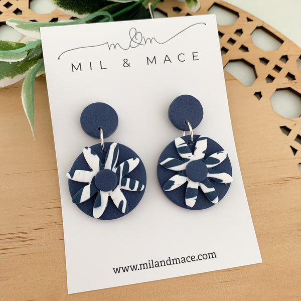 Navy and White Polymer Clay Dangle Earrings